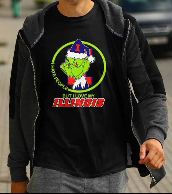 Grinch I Hate People But I Love My Illinois Holiday Spirit T-Shirt