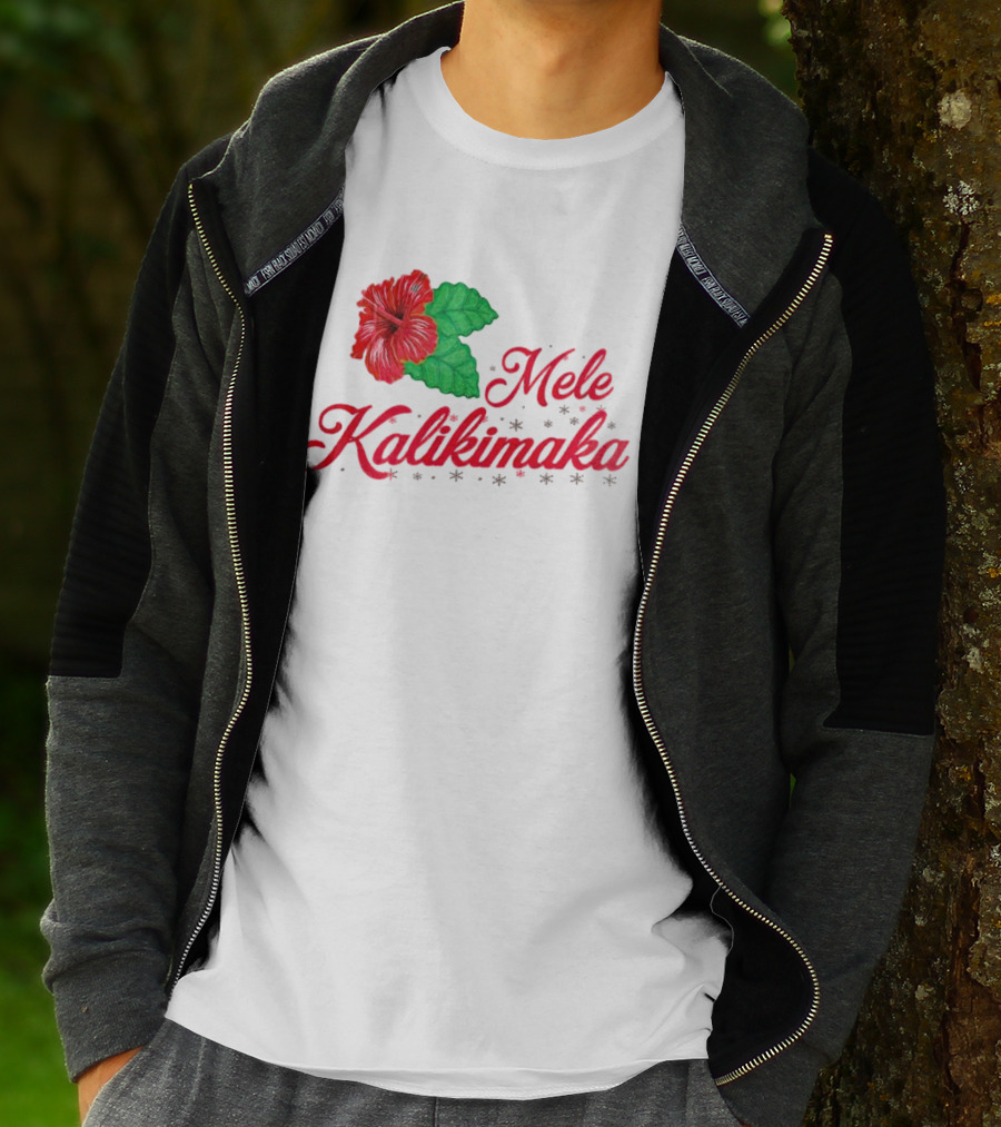 Mele Kalikimaka Red Hibiscus Flower With Green Leaves T-Shirt