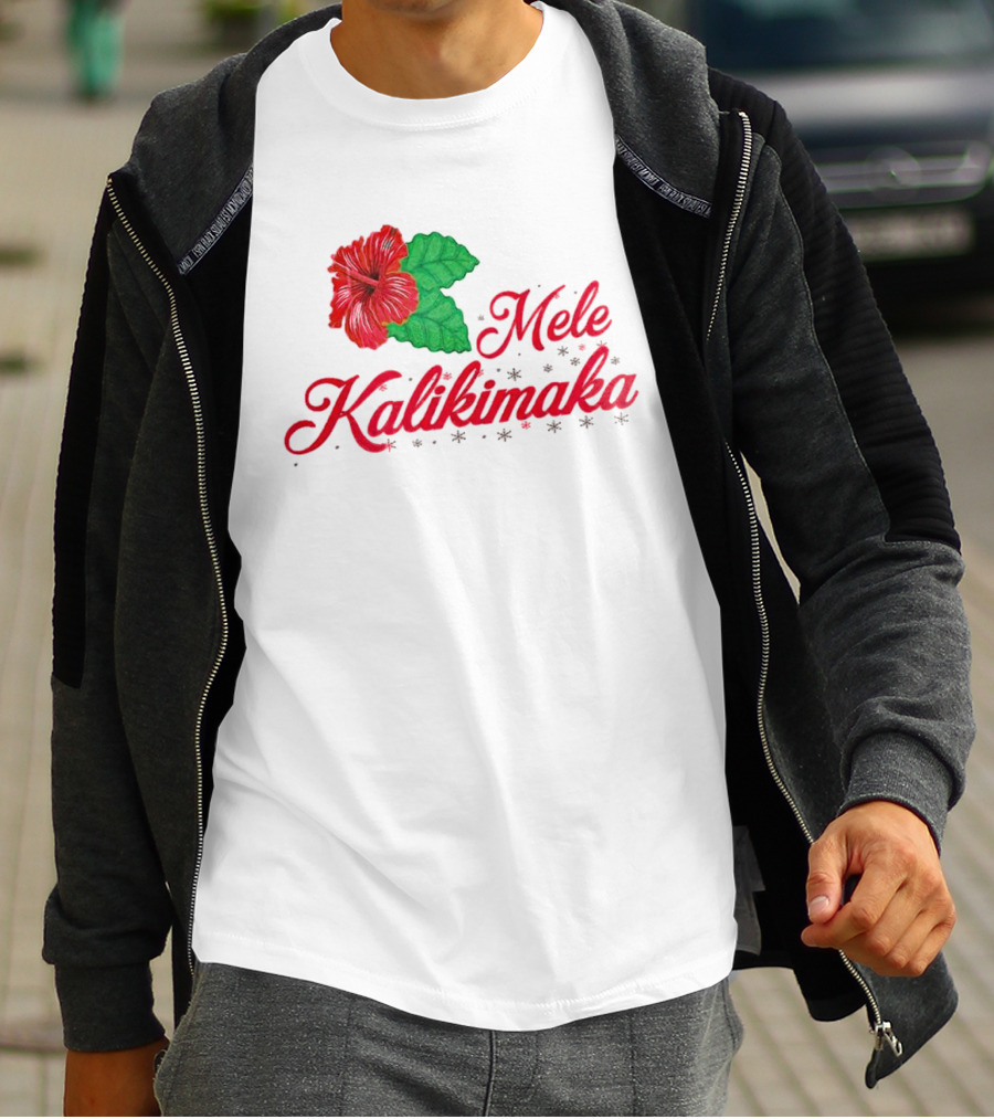 Mele Kalikimaka Red Hibiscus Flower With Green Leaves T-Shirt
