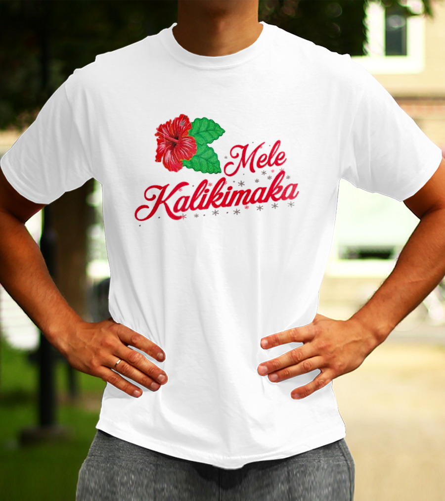Mele Kalikimaka Red Hibiscus Flower With Green Leaves T-Shirt