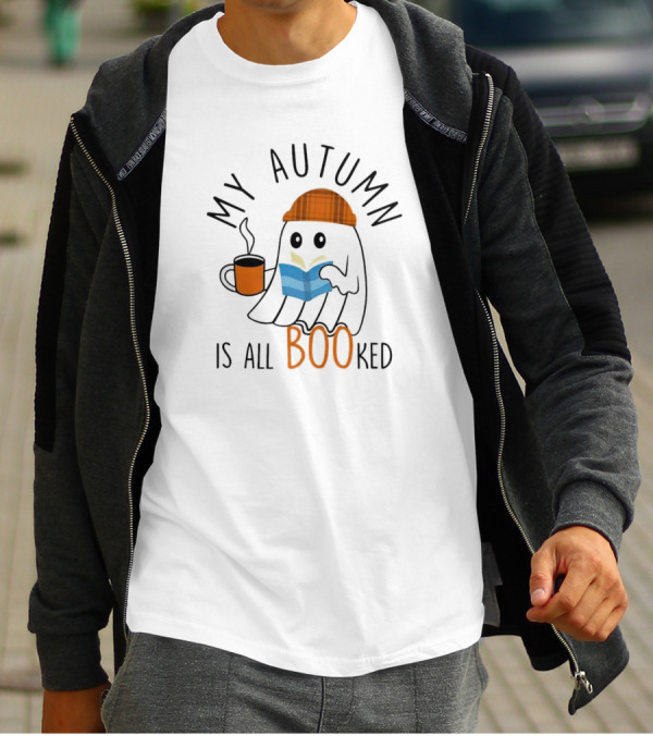 My Autumn Is All Booked Ghost Reading With Coffee And Plaid Hat T-Shirt