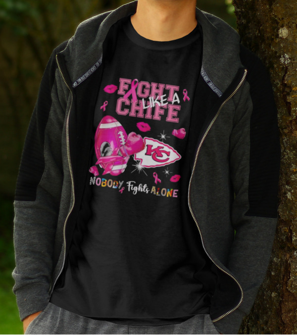 Fight Like A Chief Nobody Fights Alone Breast Cancer KC Pink Ribbon Football Gloves T-Shirt