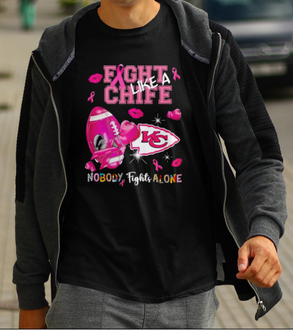 Fight Like A Chief Nobody Fights Alone Breast Cancer KC Pink Ribbon Football Gloves T-Shirt