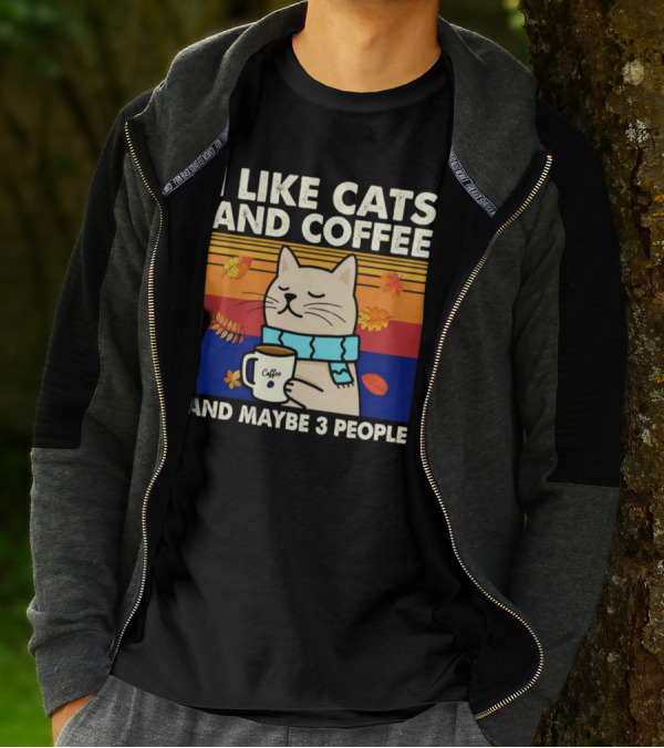Trending I Like Cats And Coffee And Maybe 3 People Vintage Retro Autumn Cat With Coffee Mug T-Shirt