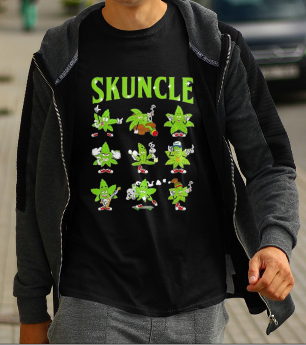 SKUNCLE Smells Like Weed Funny Cartoon Characters Smoking T-Shirt