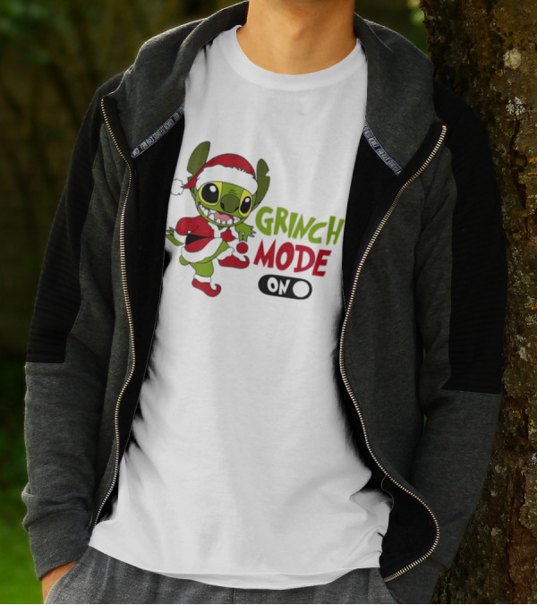 Stitch Grinch Mode On Christmas Santa Hat Festive T-Shirt