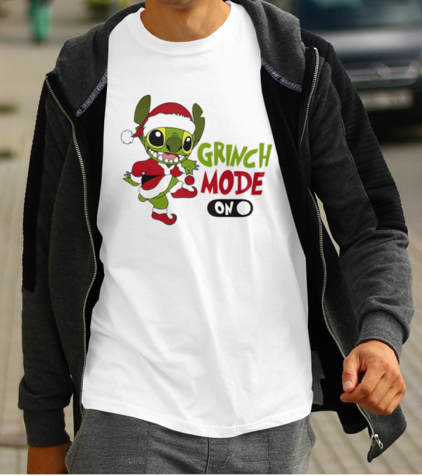 Stitch Grinch Mode On Christmas Santa Hat Festive T-Shirt