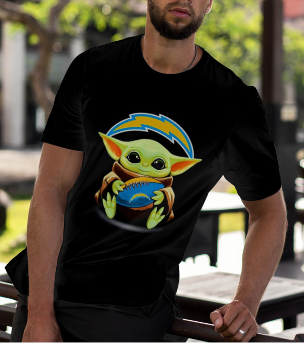 Baby Yoda Holding Los Angeles Chargers Football T-Shirt
