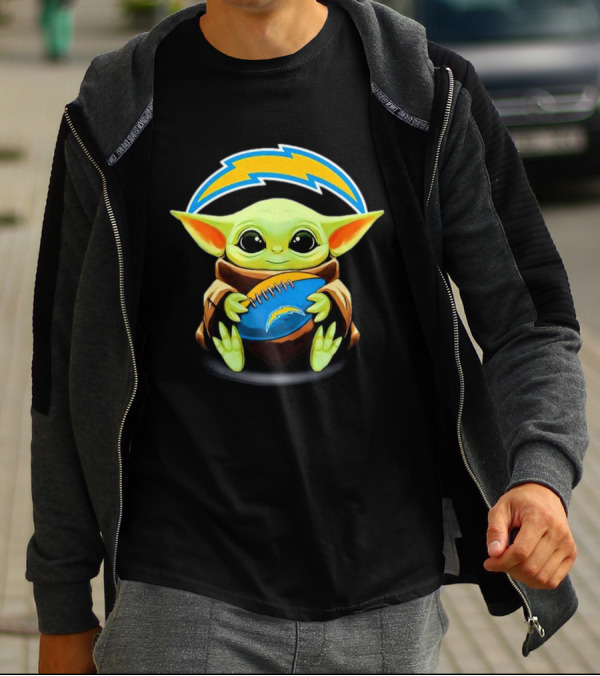 Baby Yoda Holding Los Angeles Chargers Football T-Shirt