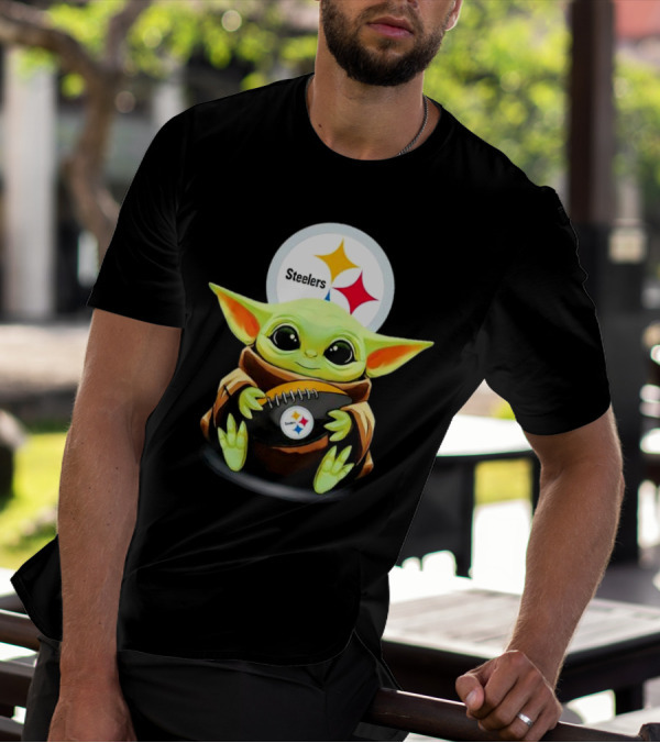 Baby Yoda Holding Pittsburgh Steelers Football T-Shirt