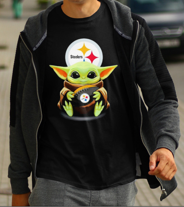 Baby Yoda Holding Pittsburgh Steelers Football T-Shirt