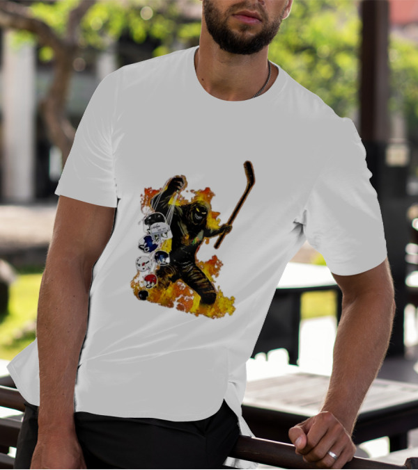 Evil Fire Hockey Player Holding Chicago Blackhawks And NHL Helmets T-Shirt