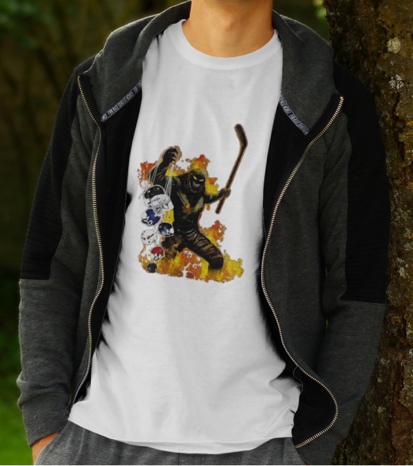 Evil Fire Hockey Player Holding Chicago Blackhawks And NHL Helmets T-Shirt