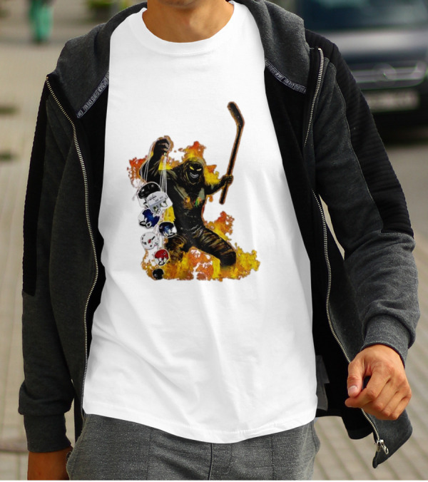 Evil Fire Hockey Player Holding Chicago Blackhawks And NHL Helmets T-Shirt