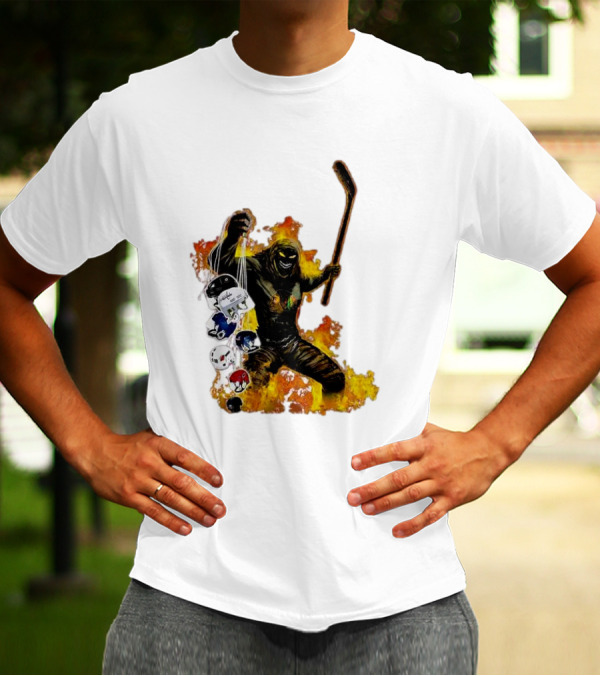 Evil Fire Hockey Player Holding Chicago Blackhawks And NHL Helmets T-Shirt