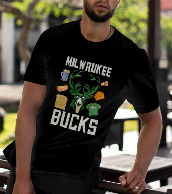 Milwaukee Bucks NBA Market Claymation Deer Cheese Hot Dog Beer T-Shirt