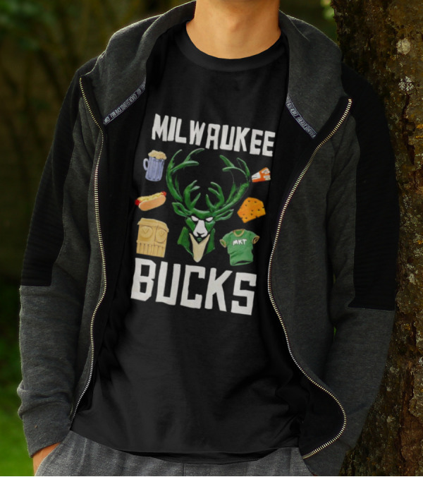 Milwaukee Bucks NBA Market Claymation Deer Cheese Hot Dog Beer T-Shirt