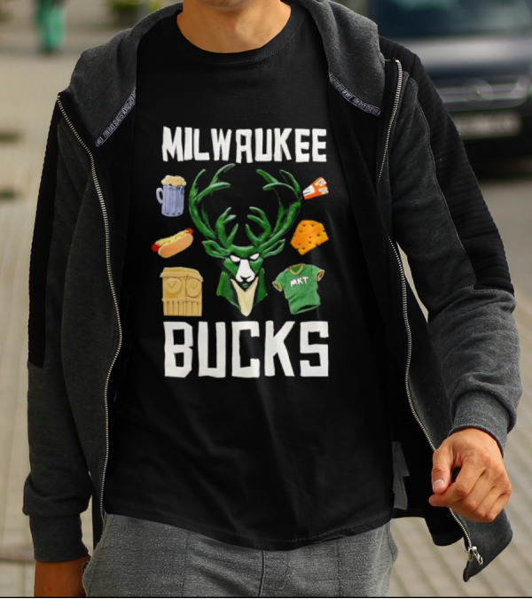 Milwaukee Bucks NBA Market Claymation Deer Cheese Hot Dog Beer T-Shirt
