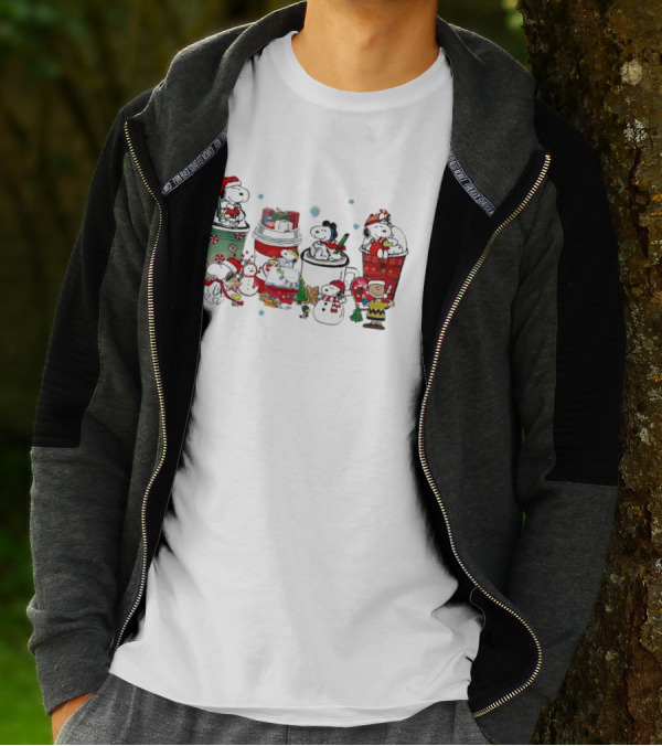 Snoopy And Friends Christmas Coffee Cups Scene Peanuts Holiday T-Shirt