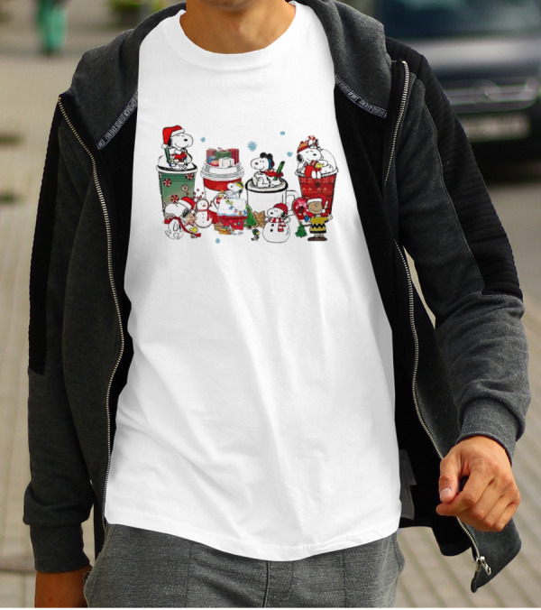 Snoopy And Friends Christmas Coffee Cups Scene Peanuts Holiday T-Shirt