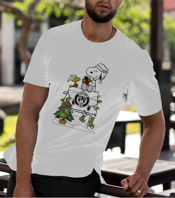 Snoopy Woodstock Christmas Igloo Brooklyn Nets Holiday Scene T-Shirt