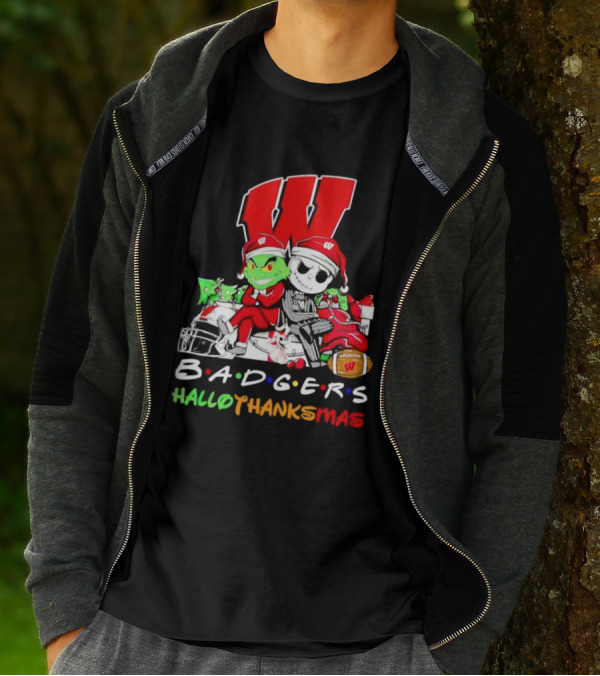 Badgers HalloThanksMas Grinch Jack Skellington Friends Football W T-Shirt