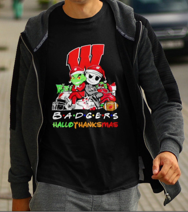 Badgers HalloThanksMas Grinch Jack Skellington Friends Football W T-Shirt