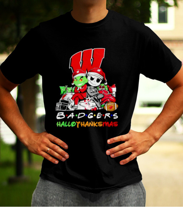 Badgers HalloThanksMas Grinch Jack Skellington Friends Football W T-Shirt