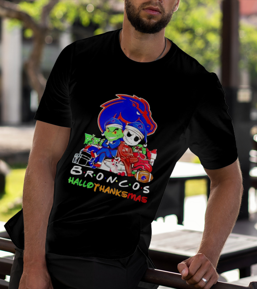 Broncos HalloThanksMas Grinch And Jack Skellington Friends T-Shirt