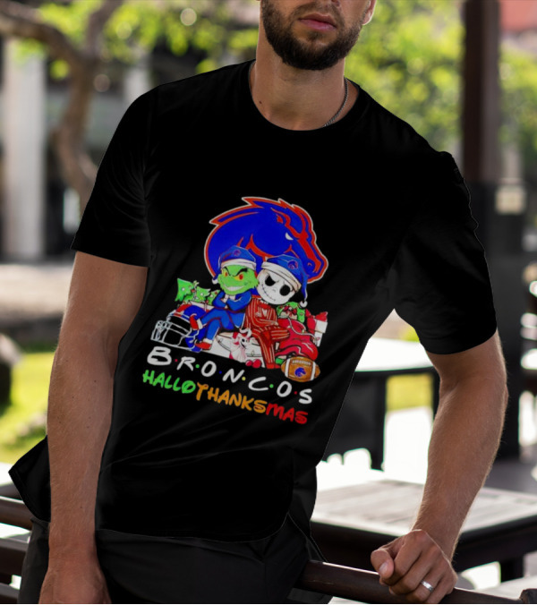 Broncos HalloThanksMas Grinch And Jack Skellington Friends T-Shirt