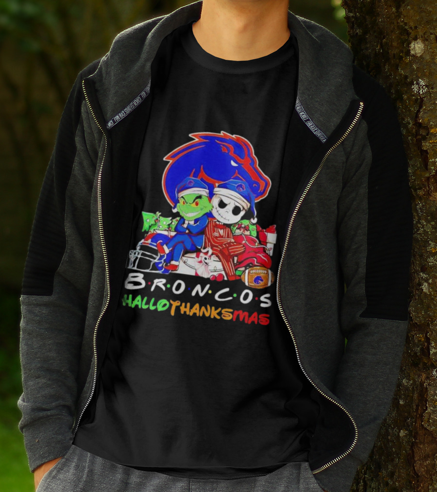 Broncos HalloThanksMas Grinch And Jack Skellington Friends T-Shirt
