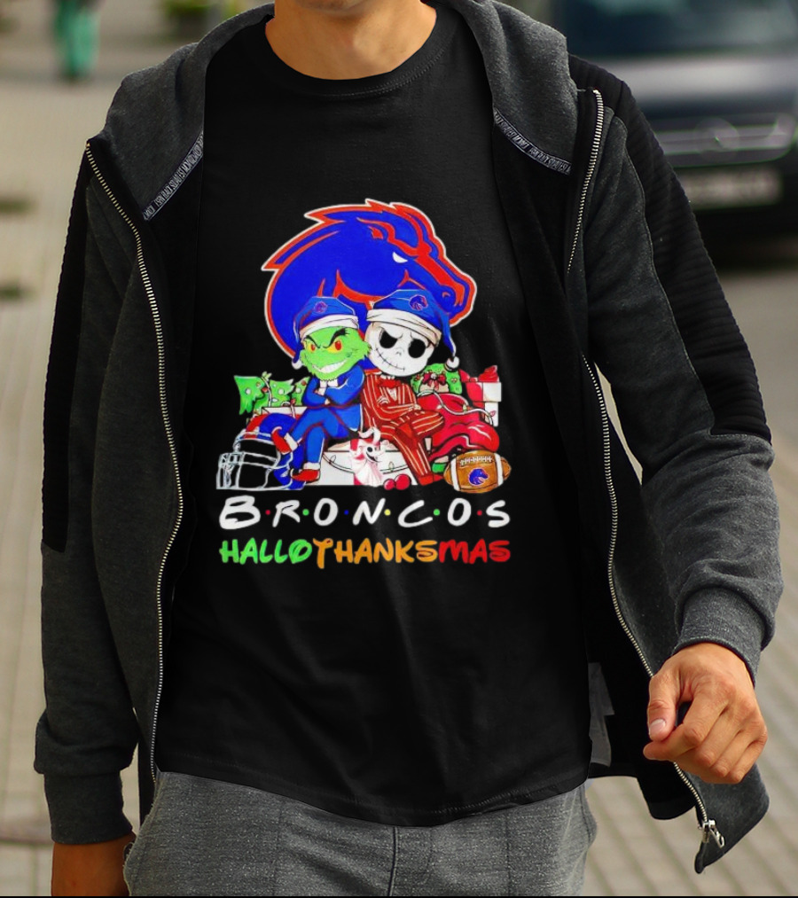 Broncos HalloThanksMas Grinch And Jack Skellington Friends T-Shirt