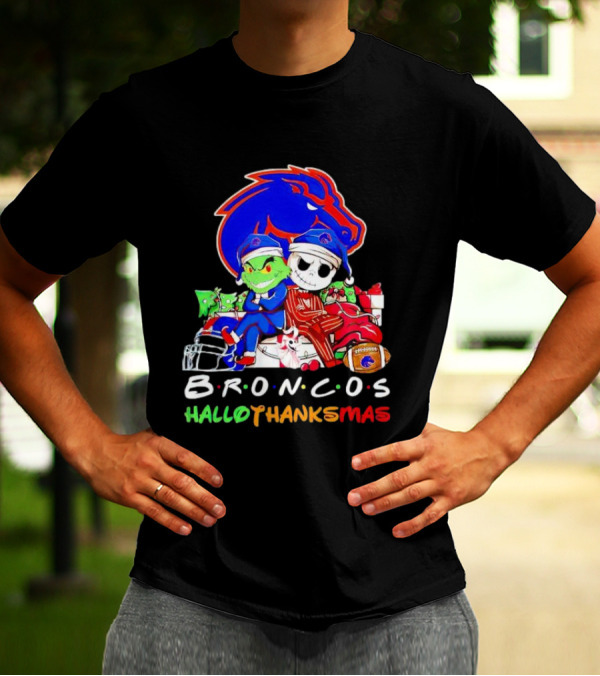 Broncos HalloThanksMas Grinch And Jack Skellington Friends T-Shirt