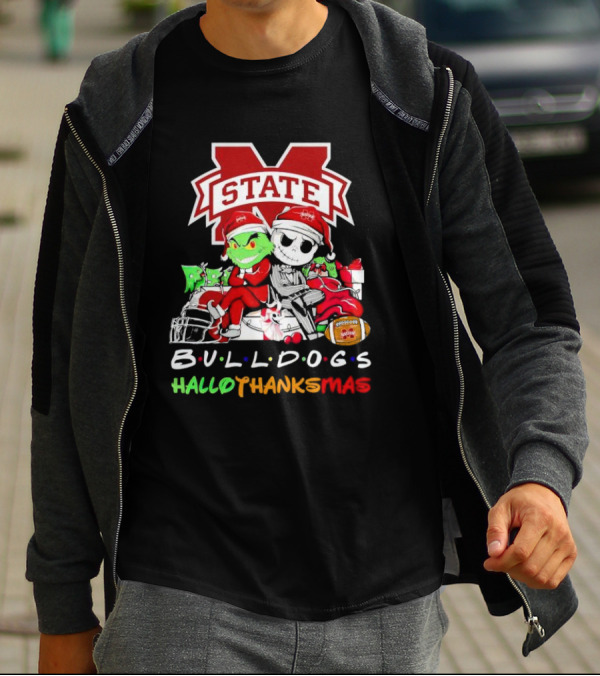 State Bulldogs Grinch And Jack Skellington HalloThanksMas T-Shirt