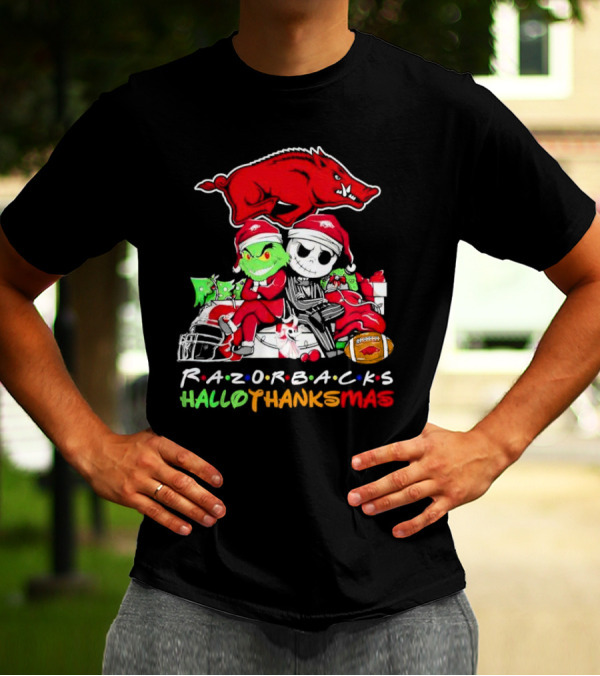 Razorbacks Grinch Jack Skellington Friends HalloThanksMas T-Shirt