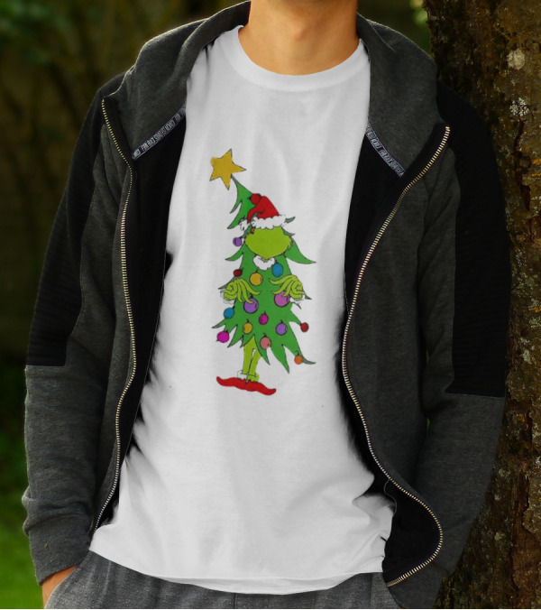 Grinch Christmas Tree Costume With Star And Ornaments T-Shirt