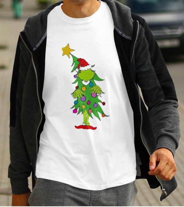 Grinch Christmas Tree Costume With Star And Ornaments T-Shirt