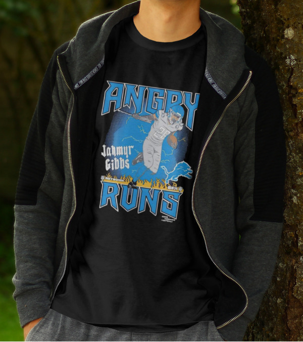 Jahmyr Gibbs Angry Runs Detroit Football Flames And Lion T-Shirt