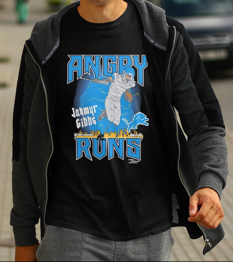 Jahmyr Gibbs Angry Runs Detroit Football Flames And Lion T-Shirt
