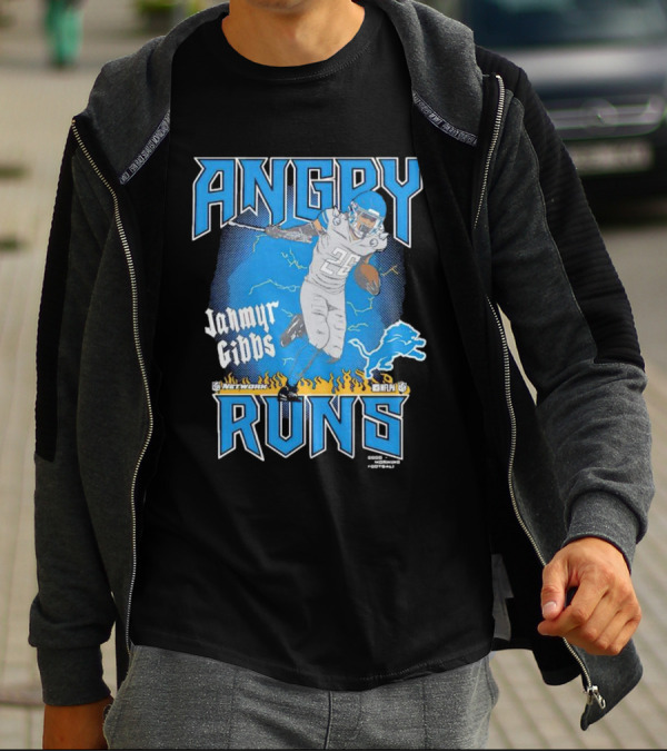 Jahmyr Gibbs Angry Runs Detroit Football Flames And Lion T-Shirt