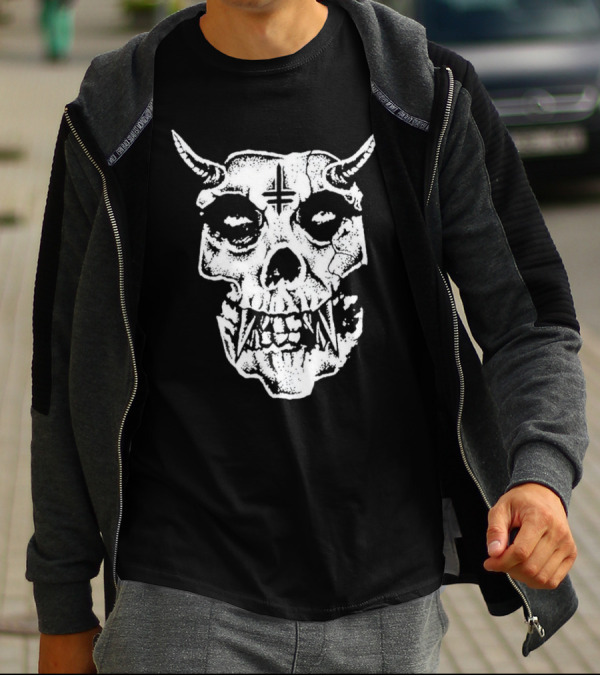 Twitching Tongues Twitchfits Sketched Skull With Horns And Inverted Cross T-Shirt