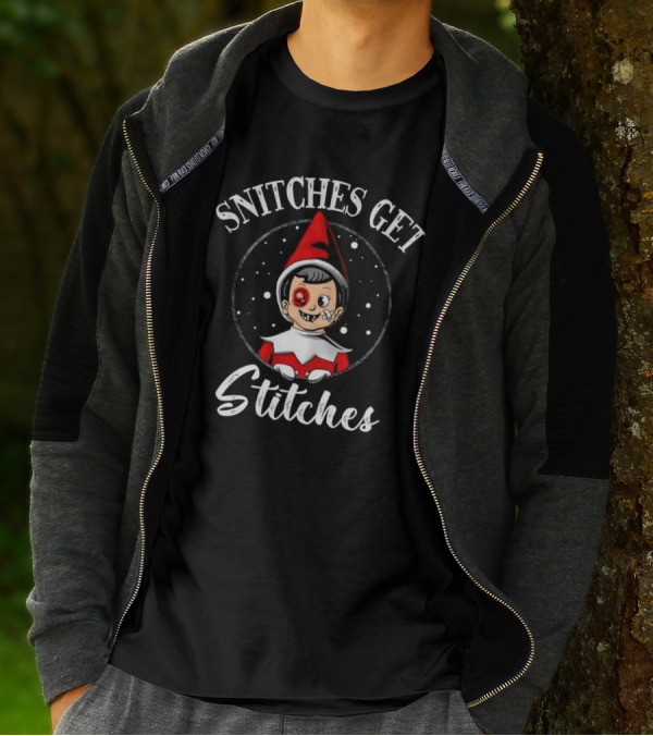 SNITCHES GET STITCHES Elf Red Hat Black Eye Snowflakes T-Shirt