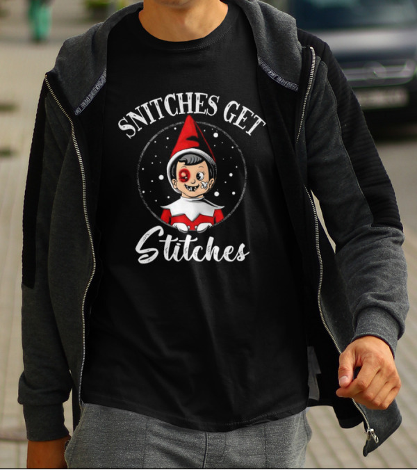 SNITCHES GET STITCHES Elf Red Hat Black Eye Snowflakes T-Shirt