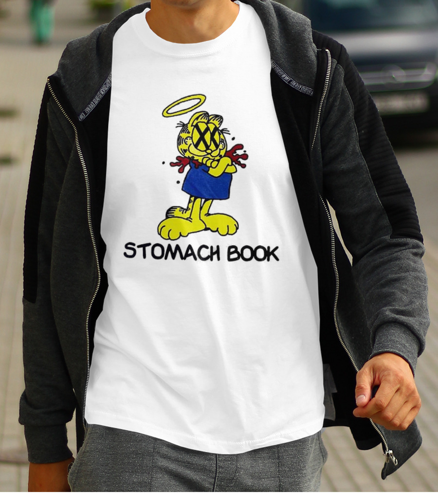 Garfield Stomach Book Angel Halo Yellow X Eyes Blue Red Blood T-Shirt