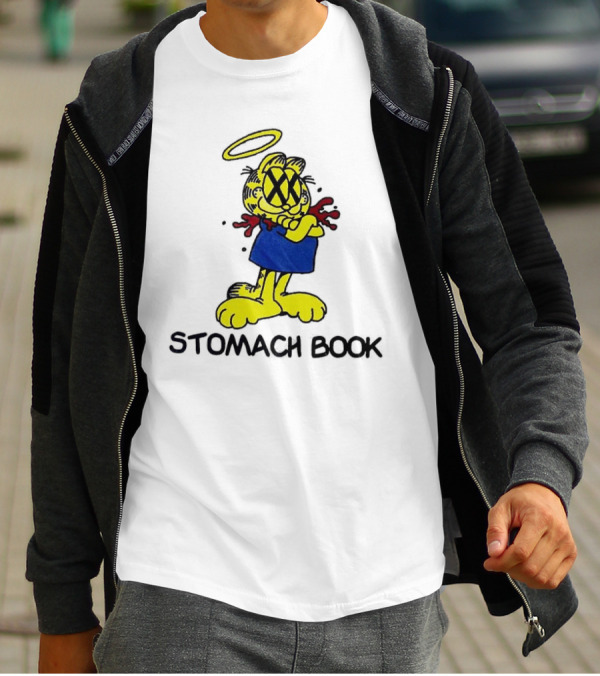 Garfield Stomach Book Angel Halo Yellow X Eyes Blue Red Blood T-Shirt