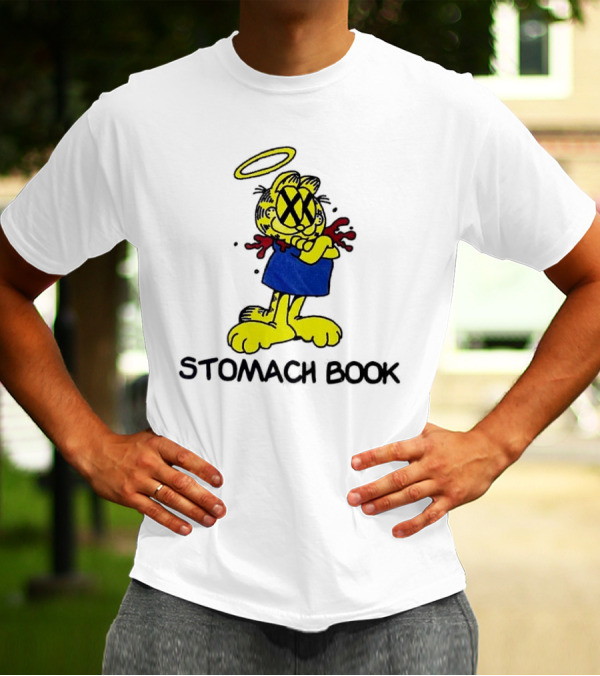 Garfield Stomach Book Angel Halo Yellow X Eyes Blue Red Blood T-Shirt