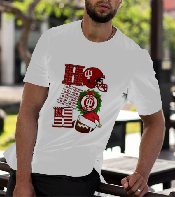 Indiana Hoosiers Christmas Ho Ho Ho Football Helmet Wreath Santa Hat T-Shirt