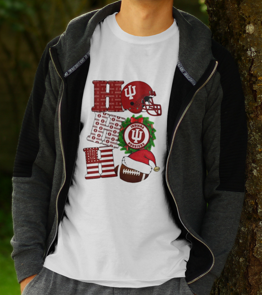 Indiana Hoosiers Christmas Ho Ho Ho Football Helmet Wreath Santa Hat T-Shirt