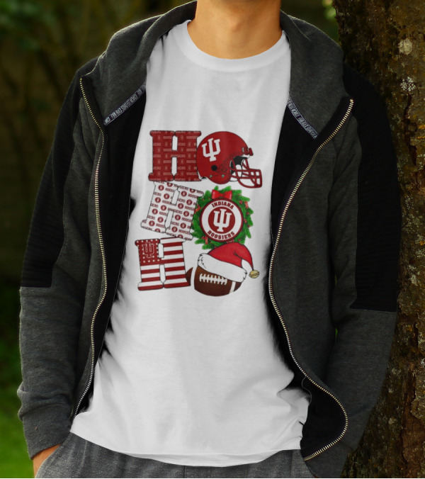 Indiana Hoosiers Christmas Ho Ho Ho Football Helmet Wreath Santa Hat T-Shirt