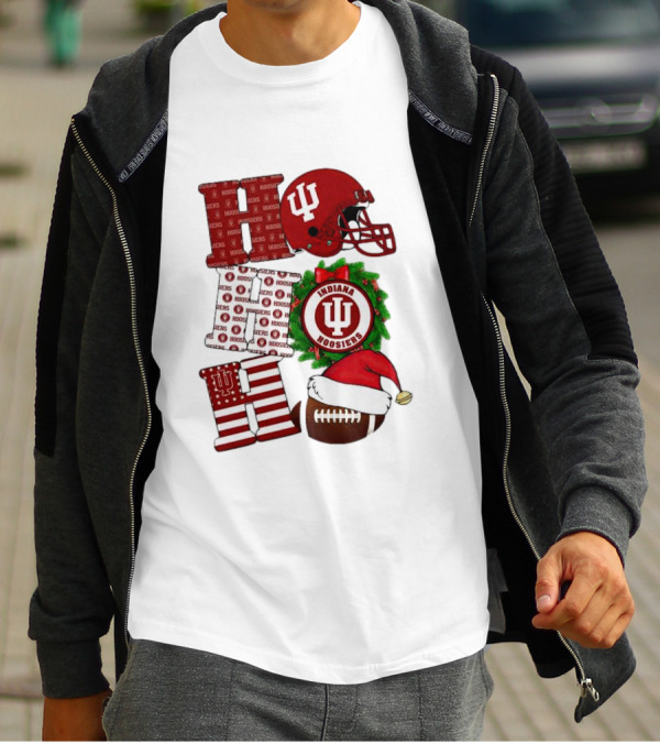 Indiana Hoosiers Christmas Ho Ho Ho Football Helmet Wreath Santa Hat T-Shirt